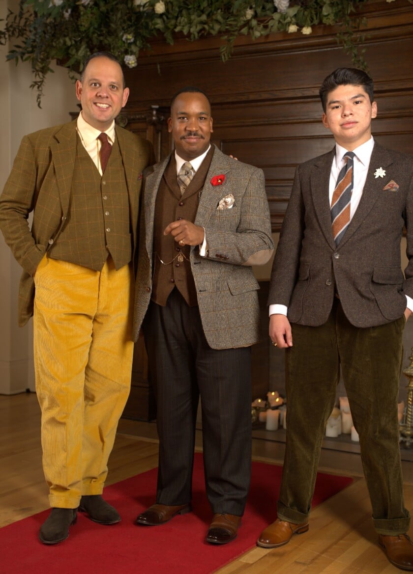 Tweed Worn As Part Of An English Country Ensemble Three men, two of whom are wearing corduroy trousers