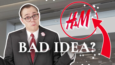 Preston, dressed in a suit and tie, shrugs confusedly. Behind him is an H&M storefront in a shopping mall, with its logo signage circled in and pointed to by an arrow, both in red. Text reads, "Bad Idea?"