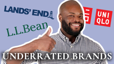 Kyle, in a blue and white checked shirt, gives a smile and a thumbs-up, while surrounded by logos for LL Bean, Lands' End, and Uniqlo; text reads, "Underrated Brands"
