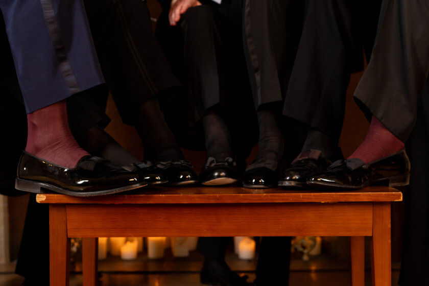 Photo of an Array of formal evening socks worn with opera pumps