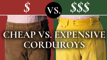 At left, a pair of $75 corduroy trousers from L.L. Bean in brown, on a red background with a single dollar sign; at right, a pair of $295 corduroys from Fort Belvedere in yellow, on a green background with three dollar signs; in the center, "Vs." in a circle. Text reads, "Cheap vs. Expensive Corduroys"