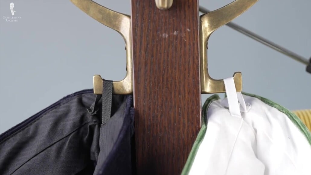 Fort Belvedere pants have a little loop detail, so you can hang them without creasing!