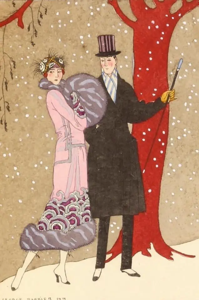 Illustration of a man and woman in a snowy scene wearing formal clothes