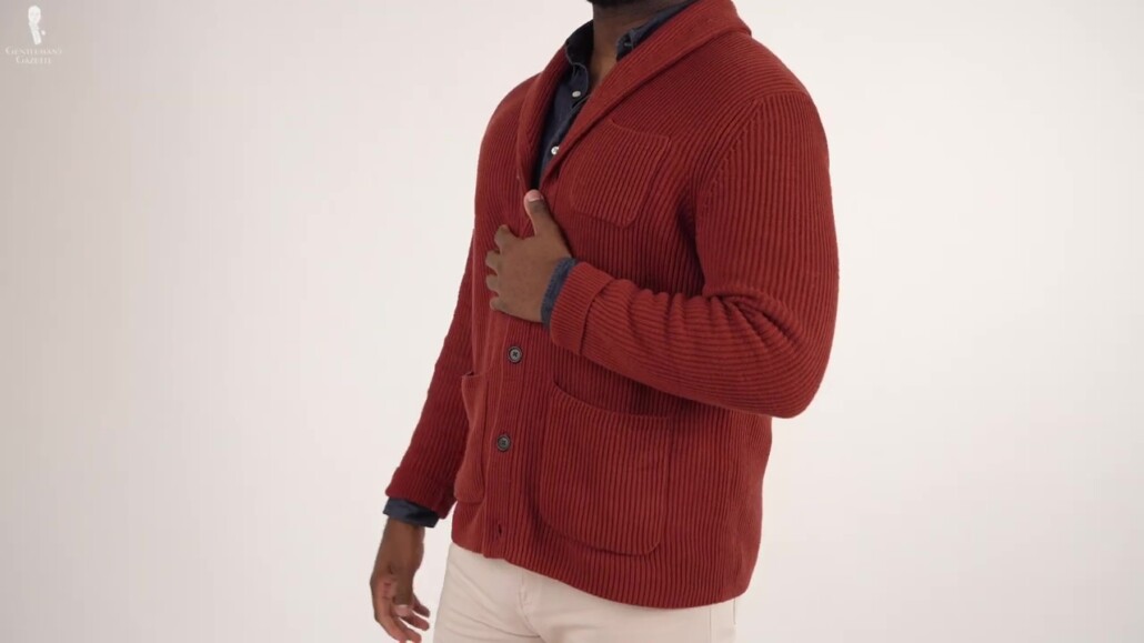 A denim shirt with a shawl collar sweater
