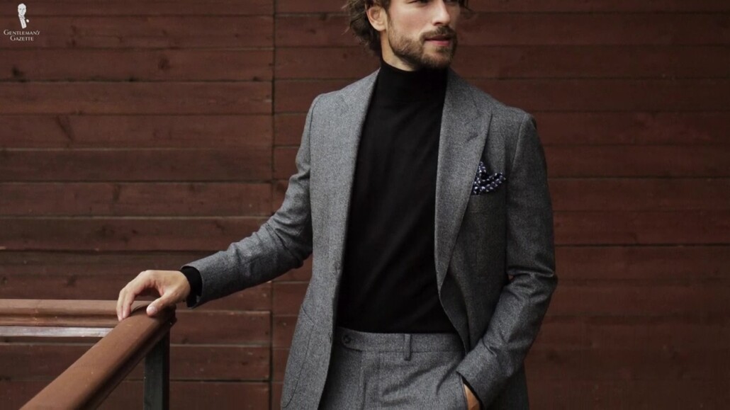 A grayscale look, featuring a black turtleneck sweater