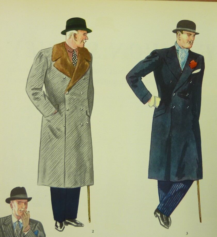 Illustration of an overcoat worn with a boutonniere and pocket square