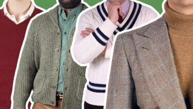 Four outfits featuring sweaters; L-R, a burgundy V-neck and white shirt; an olive green shawl-collared cardigan and a green flannel shirt; a white tennis sweater with blue stripes over a red and blue checked shirt and red tie; and a camel colored turtleneck worn under a brown checked jacket
