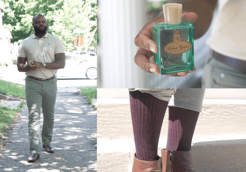 Kyle sporting his outfit -- Ralph Lauren polo, green pants, brown Chelsea boots along with Fort Belvedere socks and Azurro scent from Roberto Ugolini.