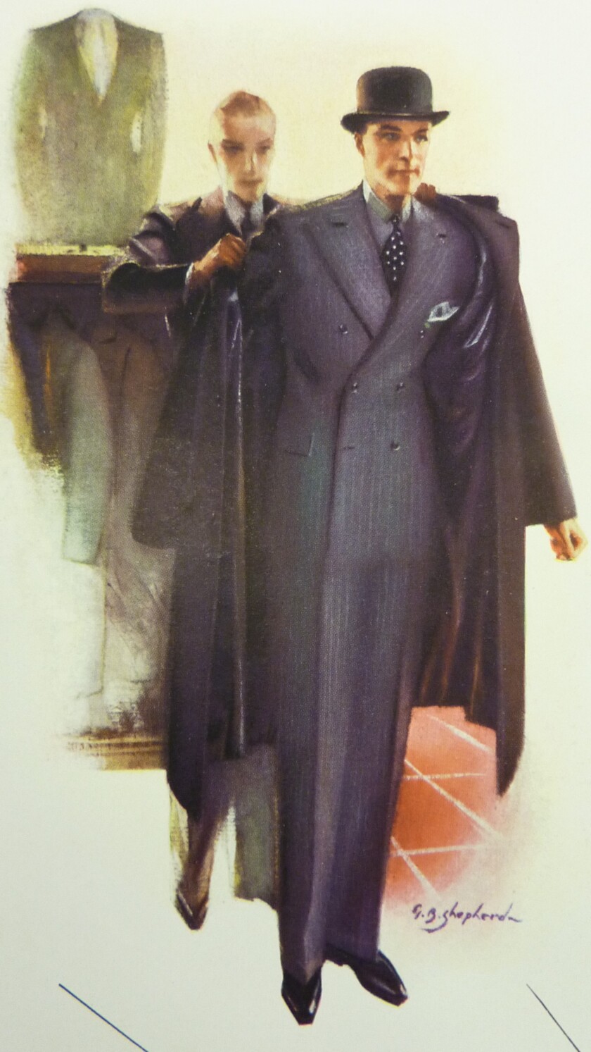 Illustration of Navy overcoat with silk lining