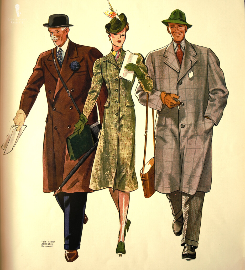 Illustration of hats worn with overcoats