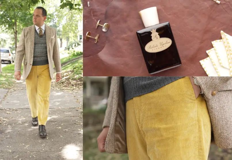 Raphael sporting the goldenrod yellow corduroy trousers, brown tweed jacket and gray sweater.