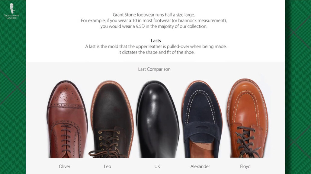 Screenshot of Grant Stone footwear Sizing note.