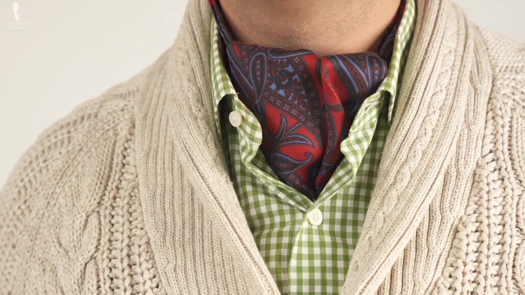 Shawl collar sweaters are great for ties, and frames the face, too!
