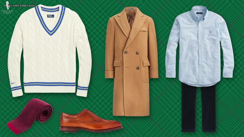 The tennis sweater paired with a polo coat evokes prep style