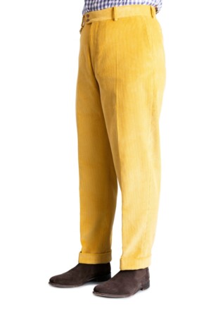 Goldenrod Yellow Corduroy Trousers - Stancliffe Flat-Front in 8-Wale Cotton - Fort Belvedere