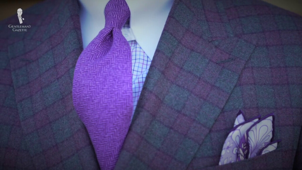 woolen cashmere jacket, winchester shirt, tue and pocket square in shades of purple.