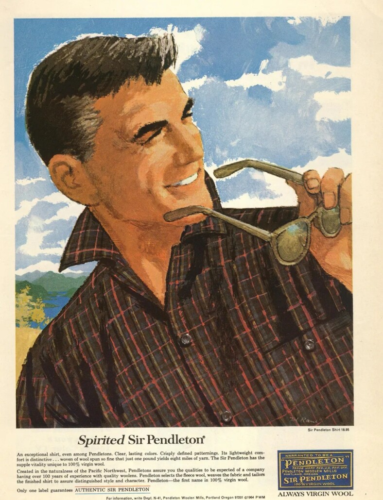 an advertisement for the pendleton shirt company in which a man in a flannel shirt removes his sunglasses