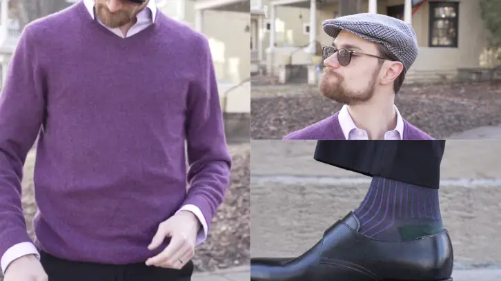 Preston is wearing a casual outfit with the shades of purple.