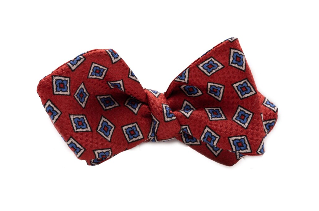 Orange Red Jacquard Woven Bow Tie with Printed Diamonds in Blue and White