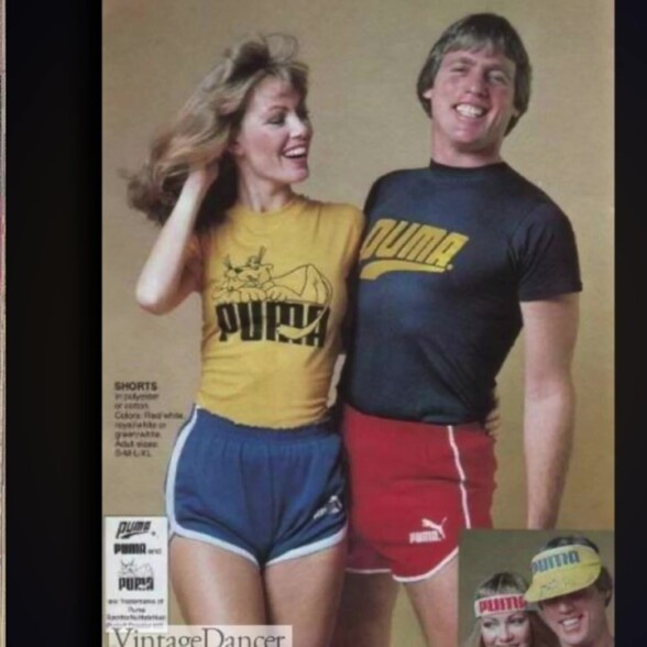 A 1980s magazine advertisement showcasing men's and women's athletic clothing from Puma