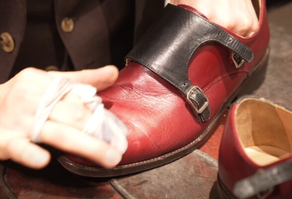 Applying Boot Black Cream to a leather Monk strap dress shoe