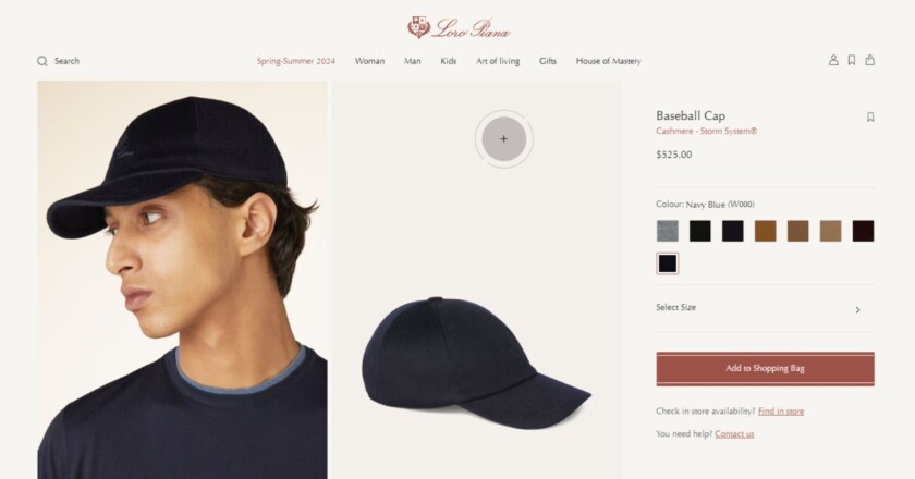 Product web view of the $525 cost of a  navy blue cashmere baseball cap by Loro Pianafro