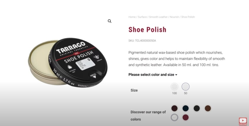 Tarrage Shoe Polish product page with a description that highlights use of natural wax ingredients