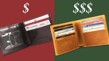 Contrasting red and green background distinguishes a cheap wallet from an expensive wallet. One dollar sign appears above the cheap wallet and three dollar signs over the expensive wallet.