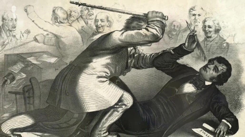 Preston Brooks beating Charles Sumner with a cane.
