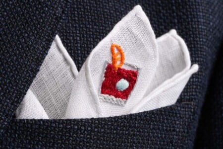 Negroni Embroidered White Linen Pocket Square with Handrolled Edges - Fort Belvedere