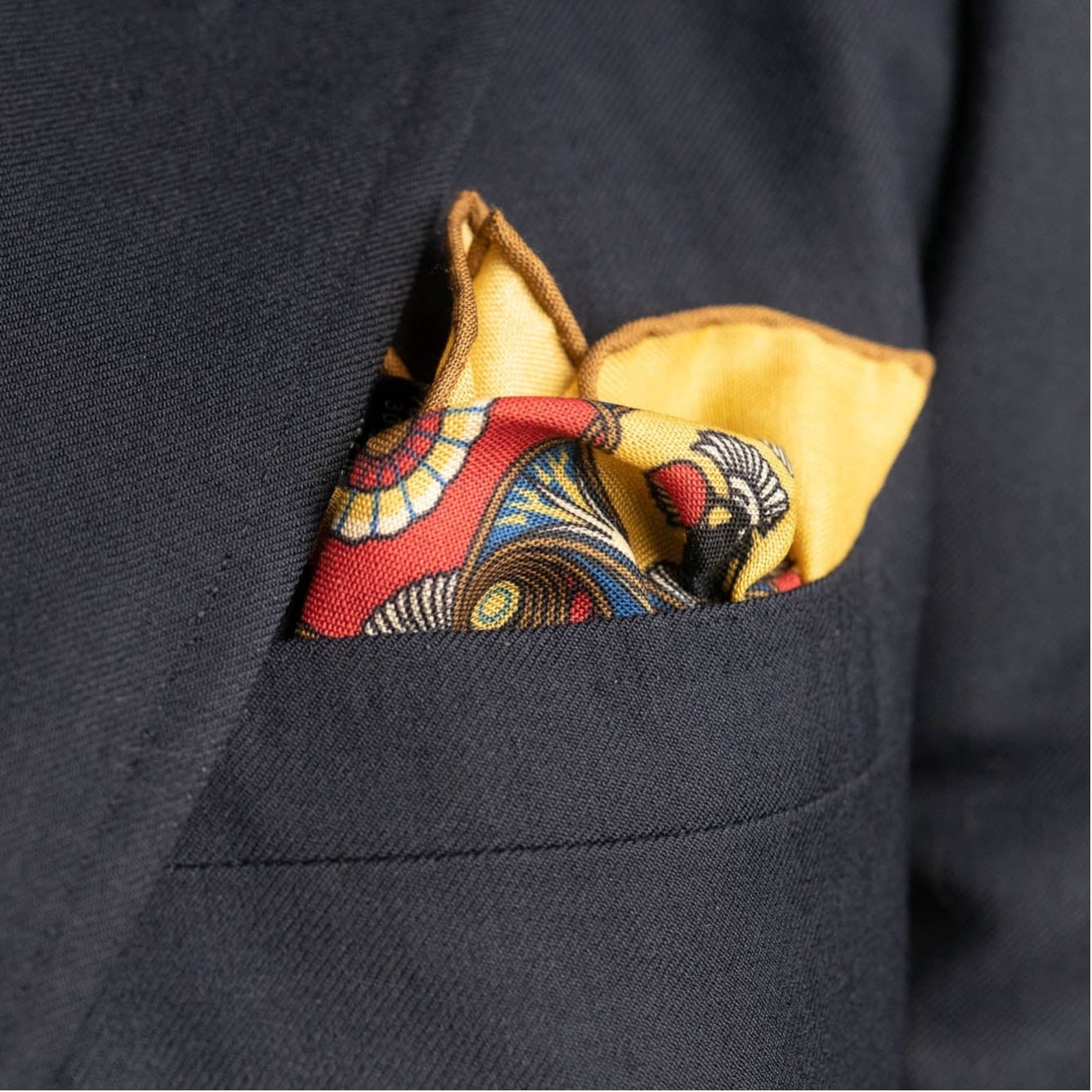 Straw Yellow Scarab Pocket Square 1 Straw Yellow Scarab Pocket Square worn with a navy jacket