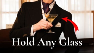 Man holds a glass. Text reads, "Hold any glass"
