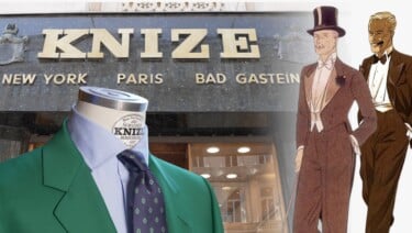 Knize sign featuring fashion illustrations and a jacket on a mannequin.