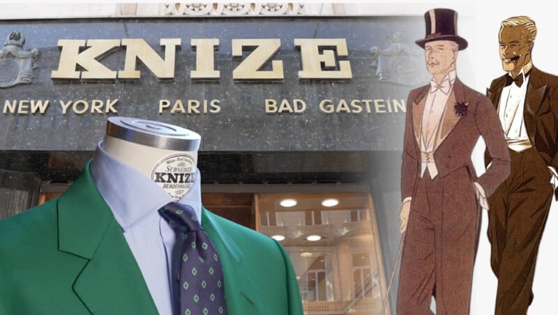 Knize sign featuring fashion illustrations and a jacket on a mannequin.