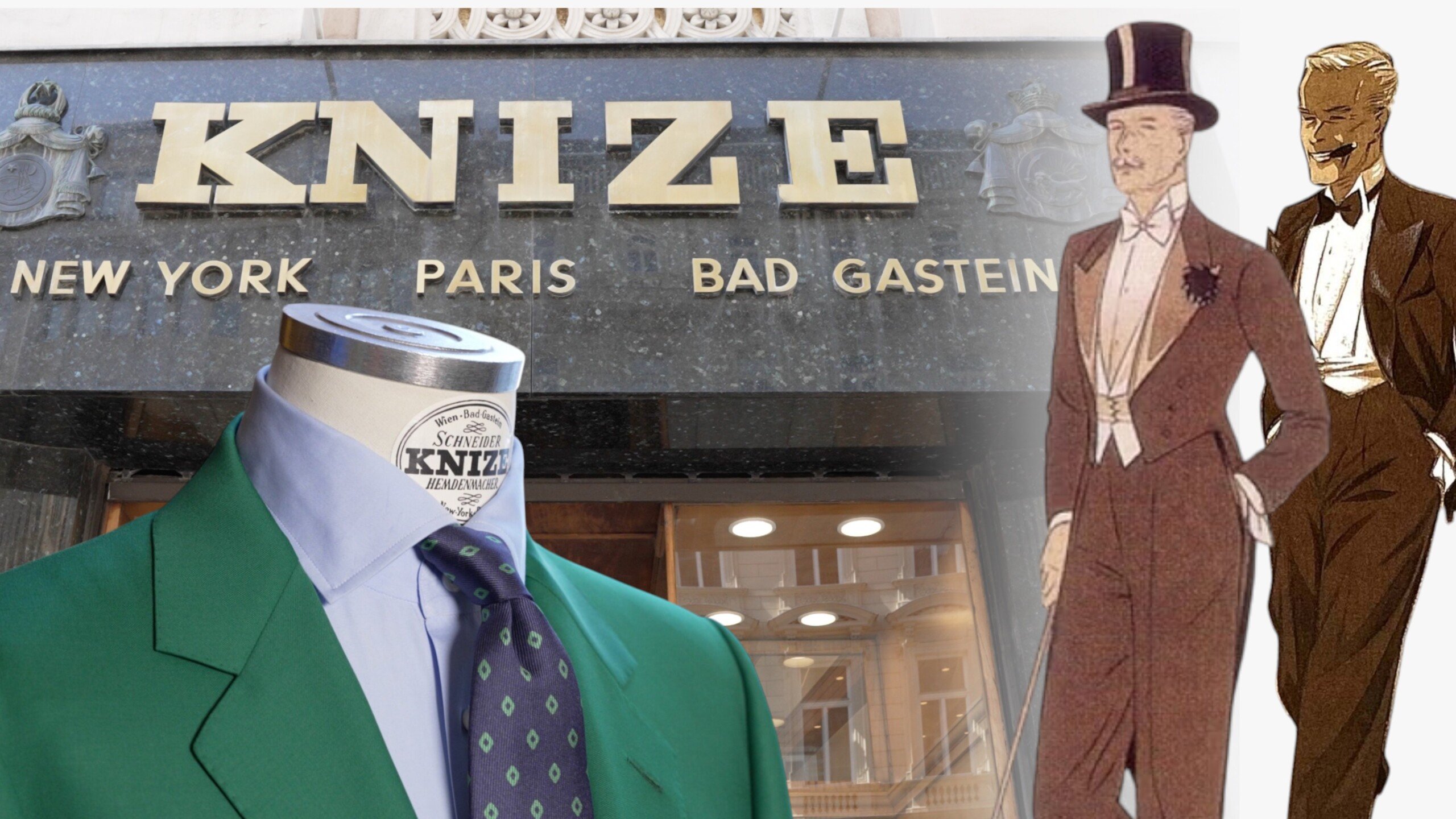 Knize new banner 1 scaled Knize sign featuring fashion illustrations and a jacket on a mannequin.