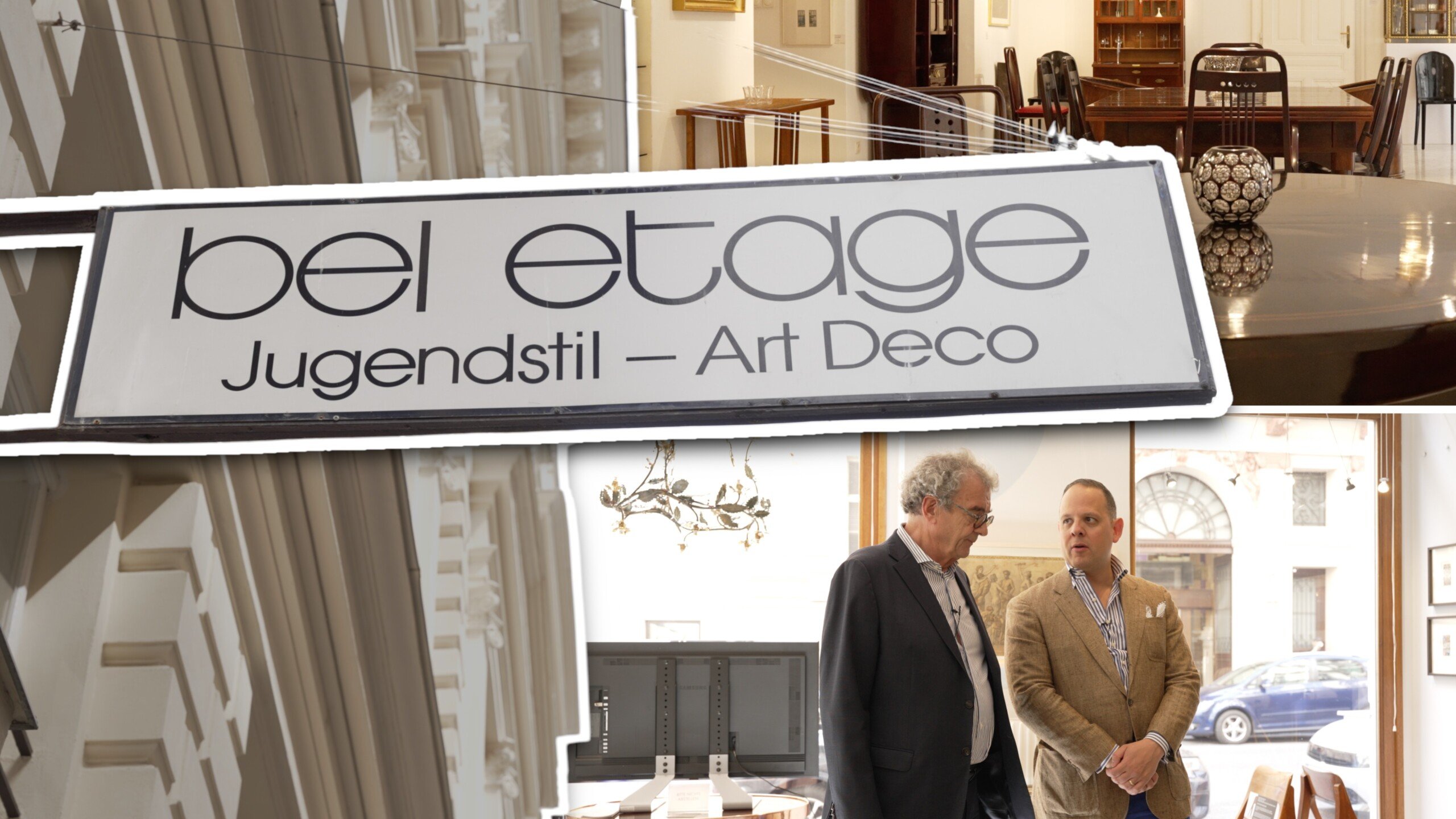 Bel Etage Banner 3 3840x2160 1 scaled Two men stand in front of a shop sign. It reads, "Bel Etage, Jugendstil - art deco"