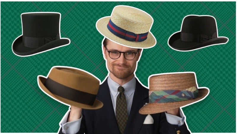 Preston poses holding many types of hats