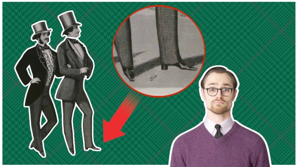 Preston looks shocked next to a historic illustration of two men wearing high-heeled shoes.