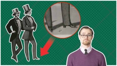 Preston looks shocked next to a historic illustration of two men wearing high-heeled shoes.