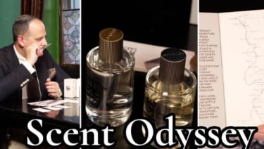 Three images pertaining to the production of exotic fragrances. Text reads, "Scent odyssey."