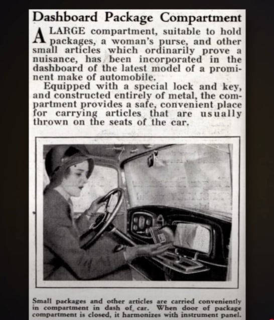 1920s dashboard glove compartment locked key storage woman driver Vintage 1920s advertisement showing a woman driver opening a metal dashboard ‘package compartment’—an early locking glove box for small items and keys.
