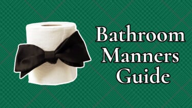 A roll of toilet paper is decorated with a black bow tie. Text reads, "Bathroom Manners Guide."
