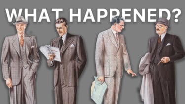 Historic fashion illustrations of men in three-piece suits. Text reads, "What happened?"