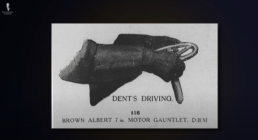 Dent s motor gauntlet ad Black-and-white 1920s ad for Dent’s driving gloves— a long-cuff leather “motor gauntlet” grips a steering wheel, captioned “DENT’S DRIVING – Brown Albert 7 in.”