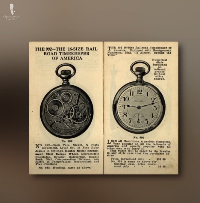 hamilton 992 railroad pocket watch vintage ad Two-page vintage advertisement for the Hamilton "The 992 - The 16-Size Railroad Timekeeper of America" pocket watch. The left page shows the inner workings of the movement, while the right page displays the watch face with a numerical dial and text describing its reliability for railroad use.