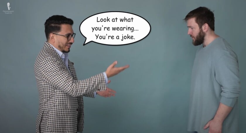 negative stereotype well dressed men judging others a well-dressed man mocks another man’s clothing