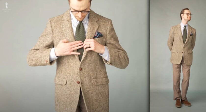 preston outfit rundown 1 A smart-casual outfit grounded in brown tones, featuring a vintage Harris Tweed jacket, a light-blue OCBD shirt, and a green wool tie.