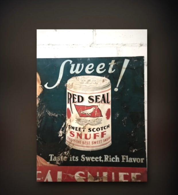 vintage red seal snuff advertisement Weathered vintage advertisement for "Sweet! Red Seal Sweet Scotch Snuff" featuring a prominent image of a tin of snuff.
