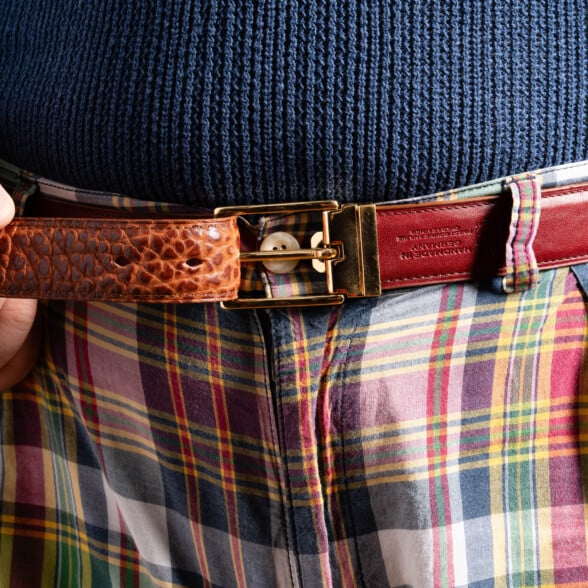 Bison Cognac Johnny Burnt Umber Reversible Leather Belt Edward Gold Belt Buckle 5966 Reversible leather belt worn with madras shorts.