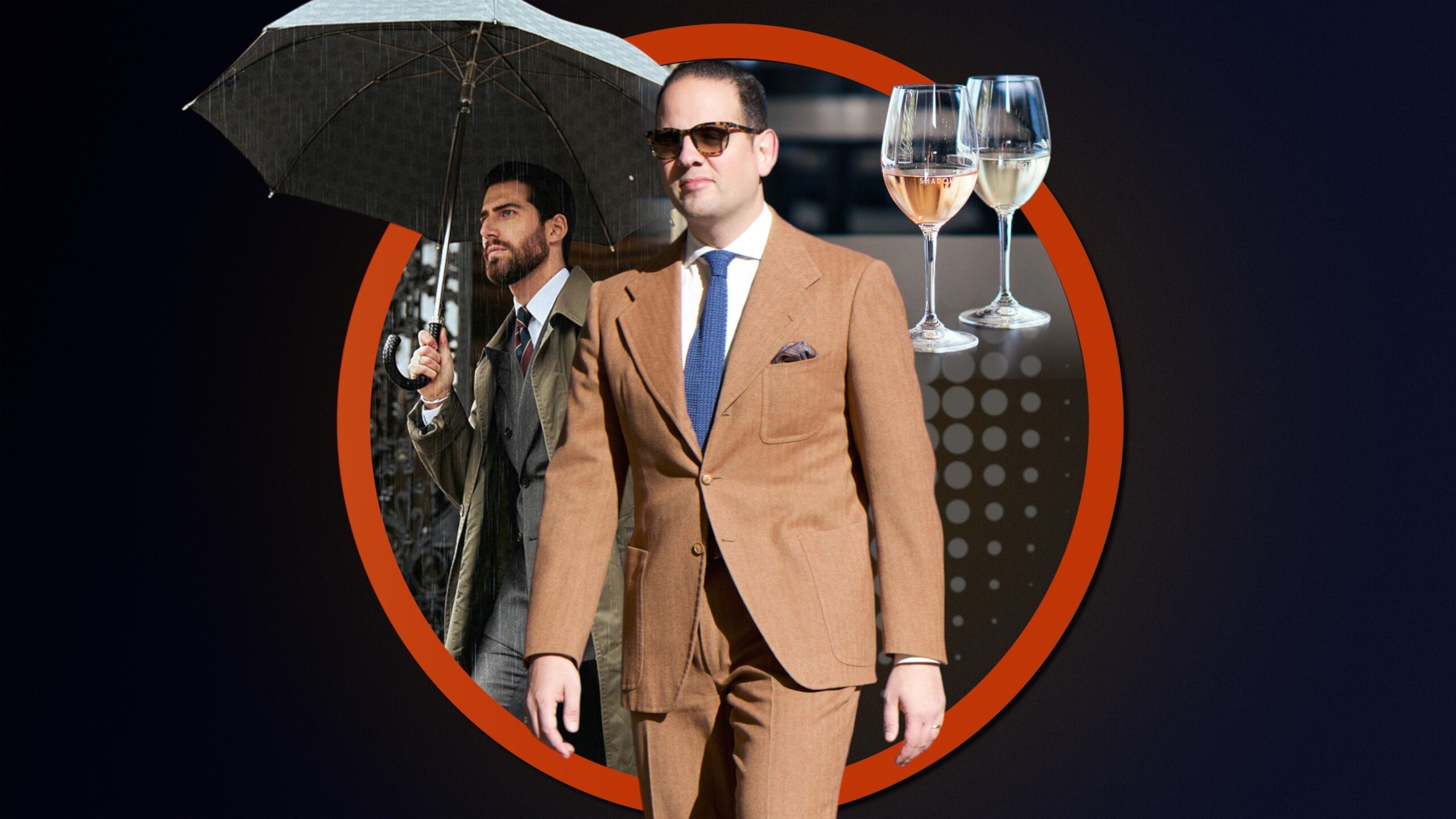 Splash panel of Raphael next to glasses of wine and another gentleman carrying an umbrella